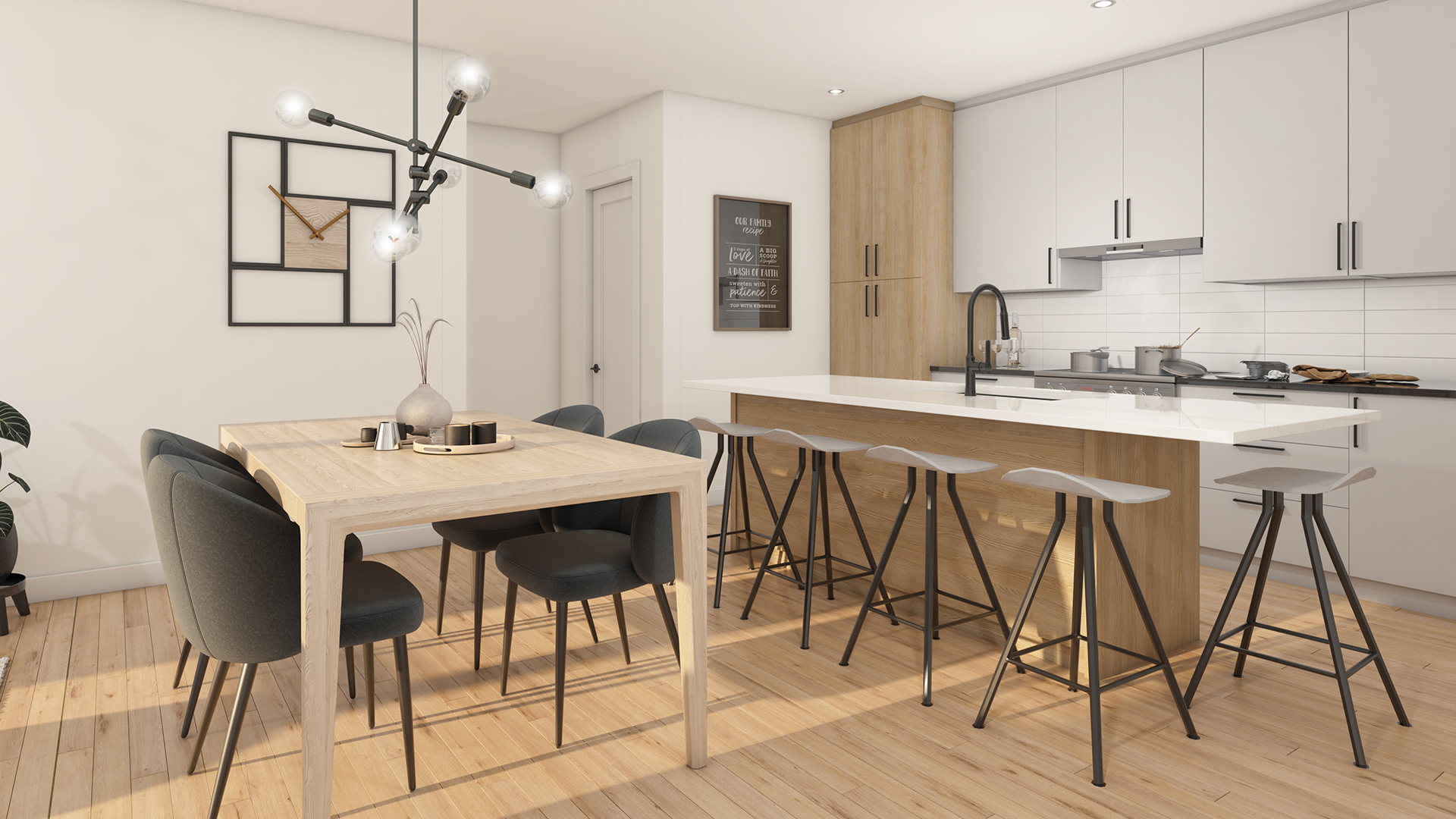 Cuisine moderne Vinalo avec îlot central ouverte sur une salle à manger lumineuse