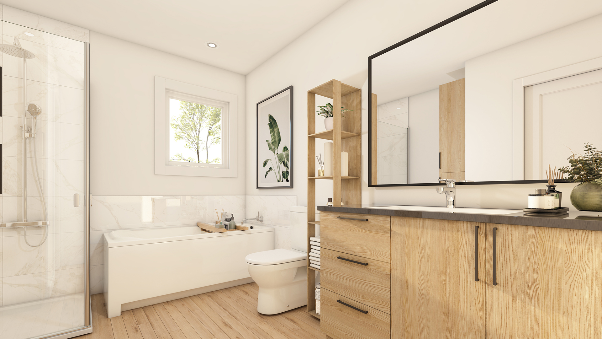 Salle de bain moderne Vinalo avec baignoire, douche vitrée et meuble-lavabo en bois