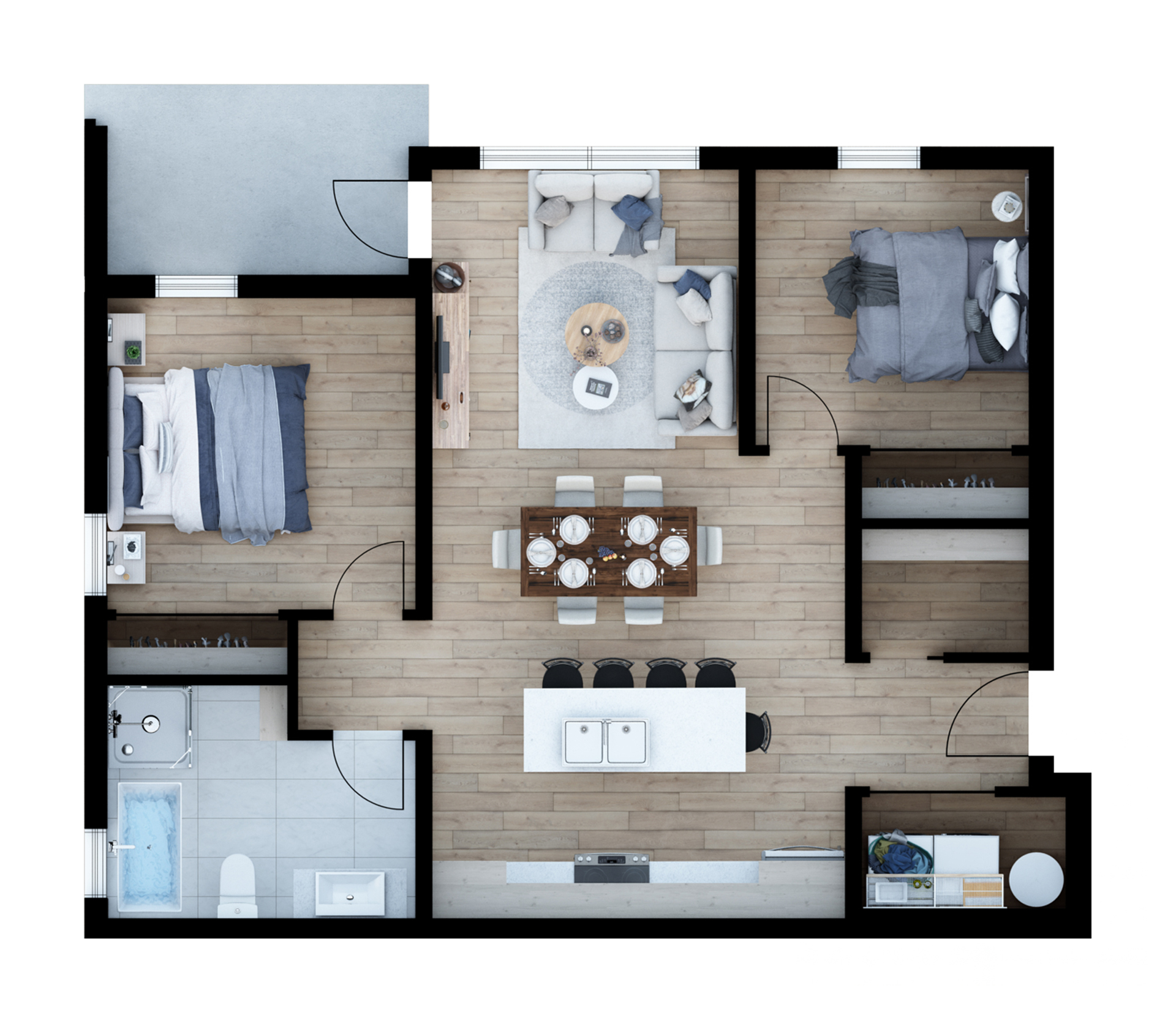 Plan d’un logement moderne Vinalo avec cuisine ouverte, salle à manger, salon et deux chambres