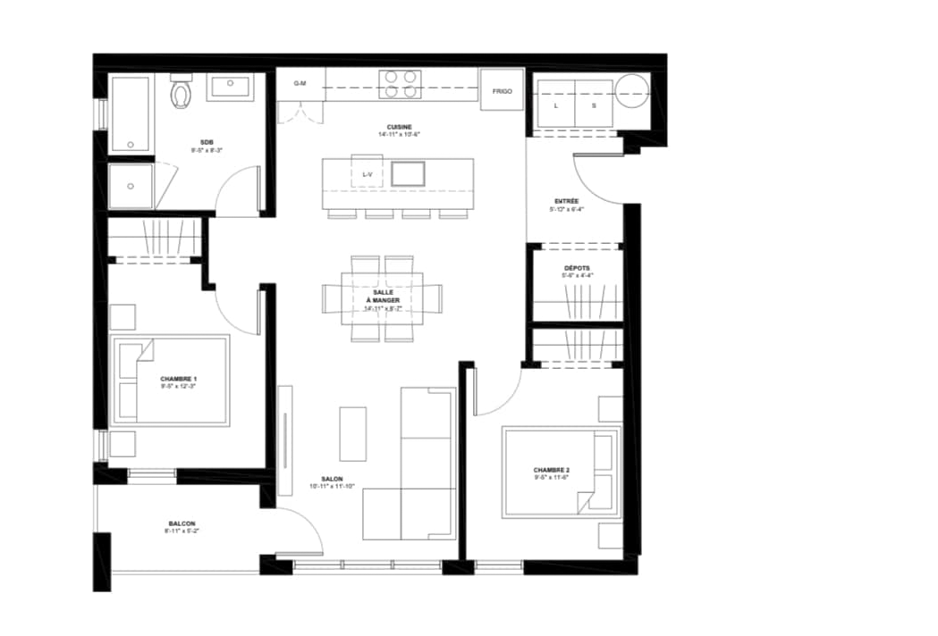 Plan d’un logement Vinalo avec aire de vie ouverte, deux chambres, salle de bain et balcon